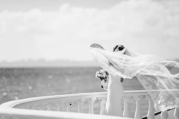 Matrimonio coppia su una passeggiata sposa e sposo campo di mare tramonto architettura erba sabbia — Foto Stock