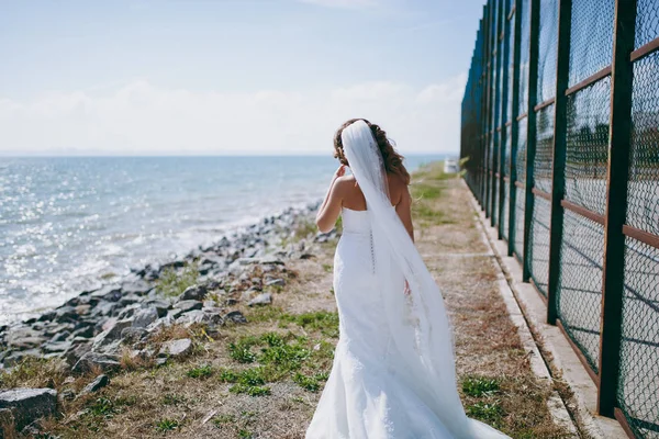 Boda pareja en un paseo novia y novio mar campo puesta del sol arquitectura hierba arena —  Fotos de Stock