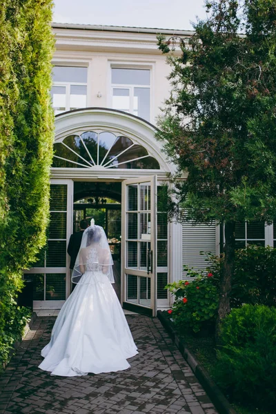 Matrimonio coppia su una passeggiata sposa e sposo campo di mare tramonto architettura erba sabbia — Foto Stock