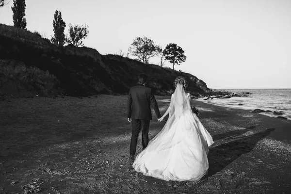 Casamento casal em um passeio noiva e noivo mar campo pôr do sol arquitetura grama areia — Fotografia de Stock