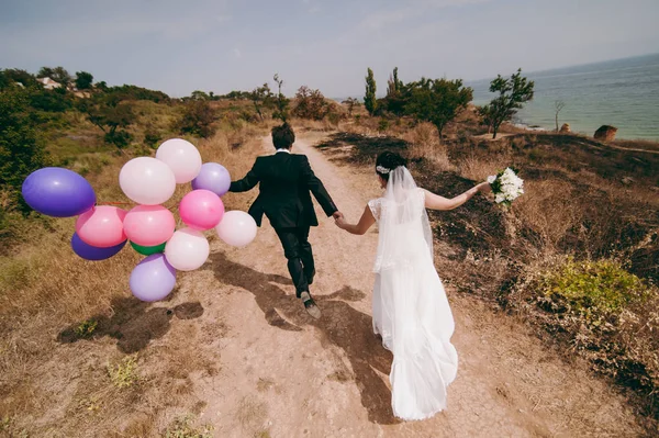 Boda pareja en un paseo novia y novio mar campo puesta del sol arquitectura hierba arena —  Fotos de Stock