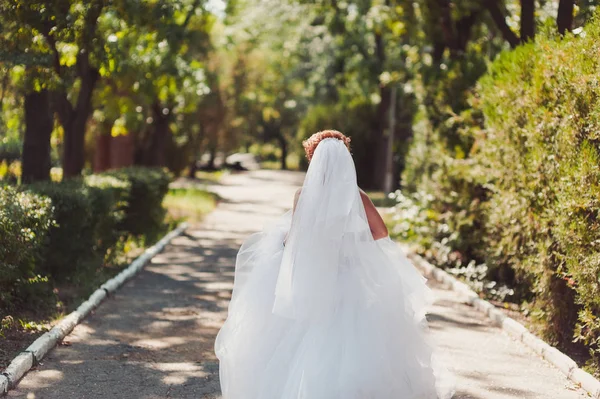 Casamento casal em um passeio noiva e noivo mar campo pôr do sol arquitetura grama areia — Fotografia de Stock