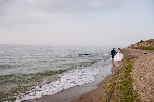 Kum bir yürüyüş gelin ve damat deniz alanı günbatımı mimari düğün çift çimen