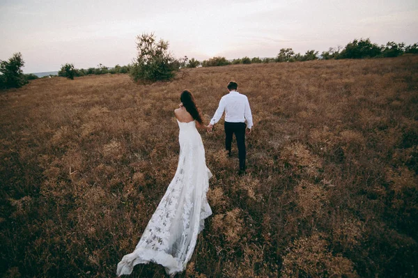 Casamento casal em um passeio noiva e noivo mar campo pôr do sol arquitetura grama areia — Fotografia de Stock