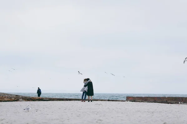 Girl wearing warm casual blue coat walking on the beach alone,Sea background,cold toned colors.lifestyle image,dreaming girl.walking alone,enjoy her time,sea-gull around,storm — Stock Photo, Image