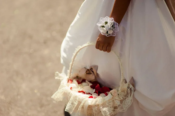 Little bridesmaid with a basket of rose petals — Stock Photo, Image