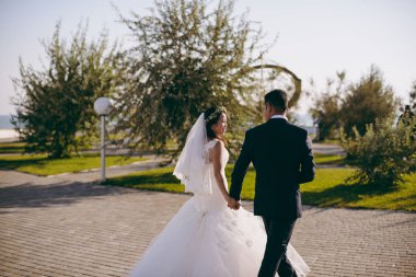 Düğün çift bir mesire Waterfront üzerinde