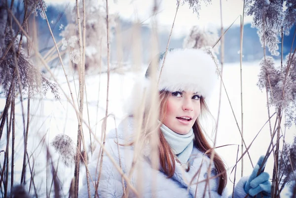 Menina bonita em um parque nevado de inverno — Fotografia de Stock