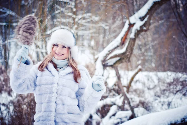 겨울 눈 덮인 공원에서 아름 다운 소녀 — 스톡 사진