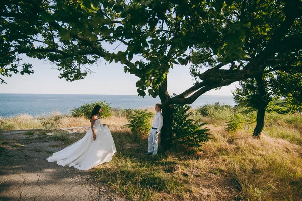 海沿いの散歩に美しい結婚式のカップル — ストック写真