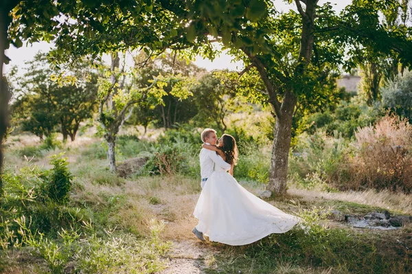 Красивая свадебная пара на прогулке в долине — стоковое фото