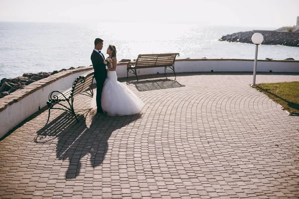Düğün çift dolgu deniz kenarında yürüyüşe üzerinde