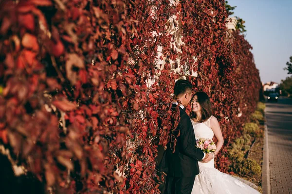 Casamento casal fica perto de uma parede com folhas vermelhas — Fotografia de Stock