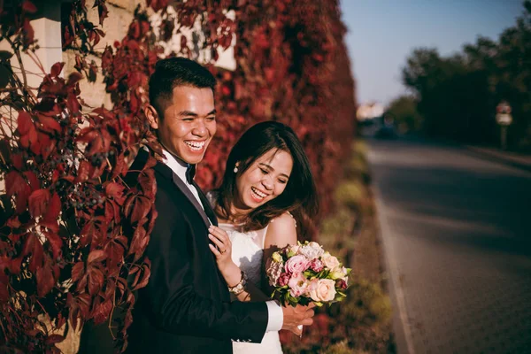 Svatební pár stojí blízko zdi s červenými listy — Stock fotografie