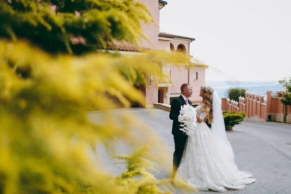 Beautiful and enamored wedding couple walking outdoors — Stock Photo, Image