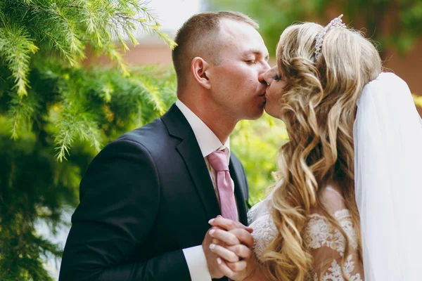 Schönes und verliebtes Hochzeitspaar, das im Freien spaziert — Stockfoto