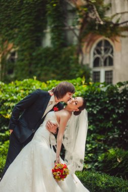 Güzel aşık evlilik çift parkta bir yürüyüş üzerinde