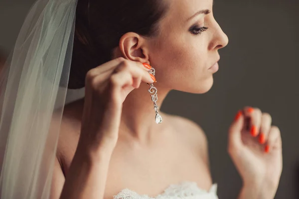 Schöne brünette Braut mit gerafften Haaren und Schleier — Stockfoto
