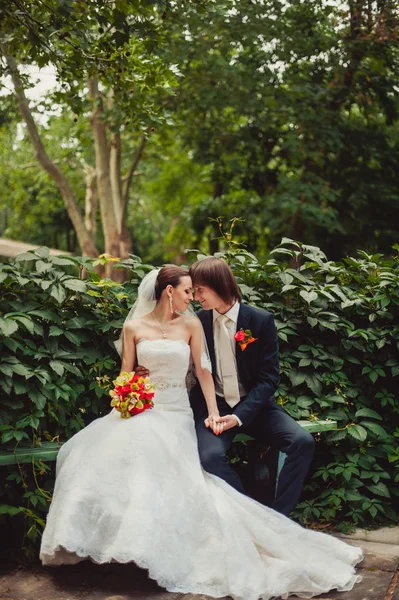 Beautiful enamored wedding couple on a walk in the park — Stock Photo, Image