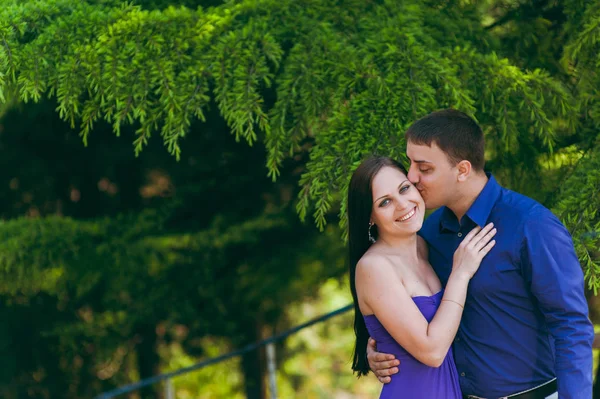 Casal amoroso em roupas roxas andando no parque — Fotografia de Stock