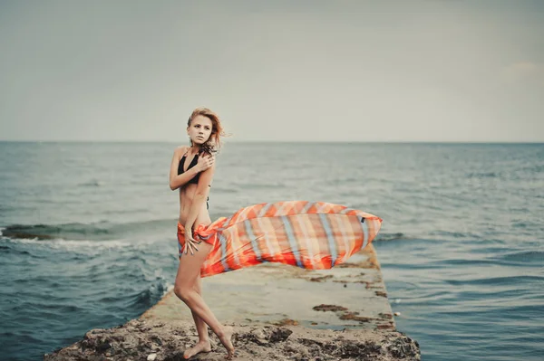 Bir kız bir mayo bir iskele üzerinde