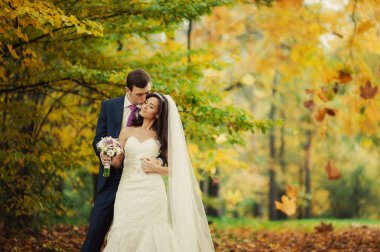 Güzel düğün çift sonbahar parkta bir yürüyüş üzerinde