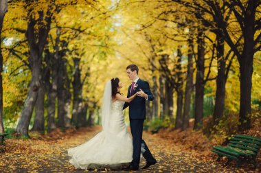 Güzel düğün çift sonbahar parkta bir yürüyüş üzerinde