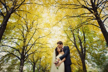 Güzel düğün çift sonbahar parkta bir yürüyüş üzerinde