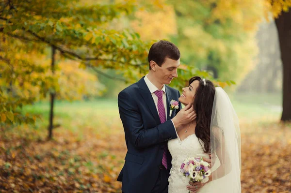 Schönes Hochzeitspaar beim Spaziergang im Herbstpark — Stockfoto