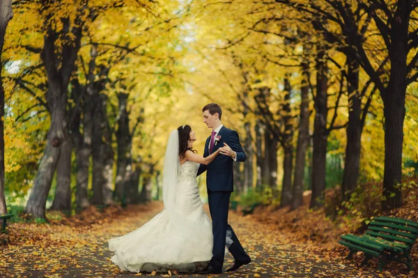 Schönes Hochzeitspaar beim Spaziergang im Herbstpark — Stockfoto