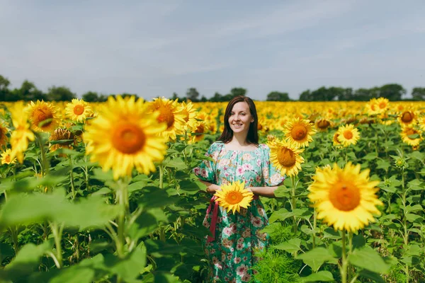 Bruna ragazza in un campo di girasoli — Foto Stock