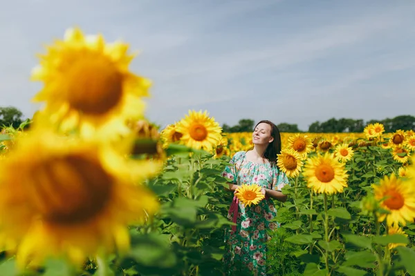 Bruna ragazza in un campo di girasoli — Foto Stock