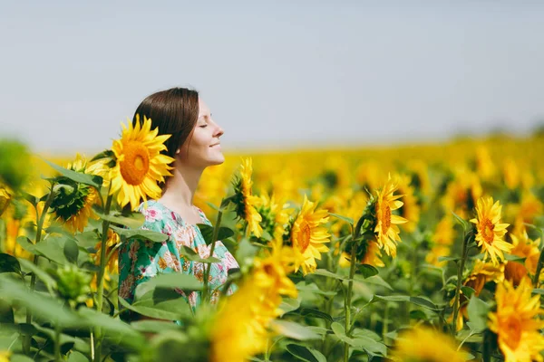 Brunette fille dans un champ de tournesols — Photo
