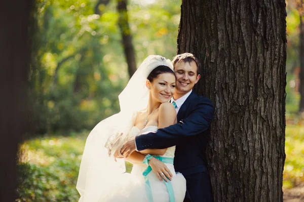 Amare coppia di nozze in una passeggiata nel parco — Foto Stock