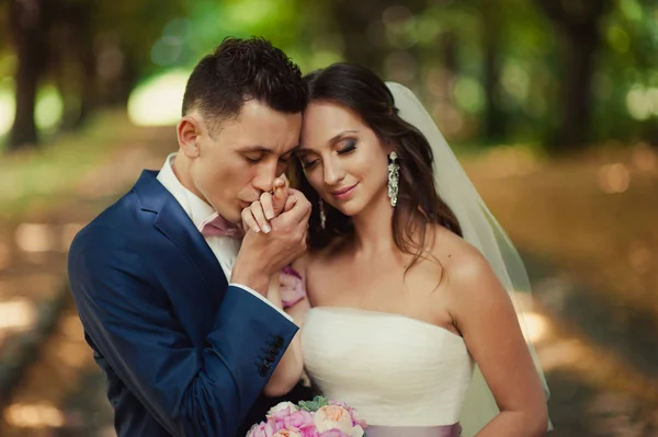 Schöne Braut und Bräutigam umarmen und küssen sich am Hochzeitstag — Stockfoto