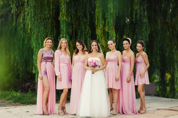 Noiva com damas de honra em vestidos rosa para um passeio — Fotografia de Stock