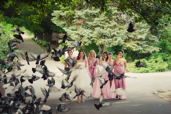 Bride with bridesmaids in pink dresses for a walk — Stock Photo, Image