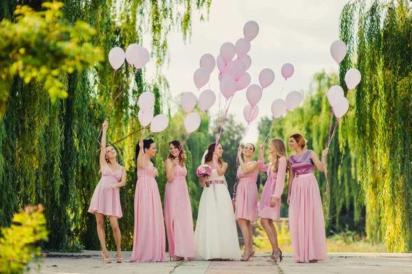 Bruden med tärnor i rosa klänningar för en promenad — Stockfoto