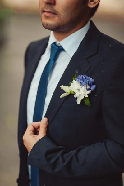 Retrato do noivo em uma caminhada de dia de casamento — Fotografia de Stock