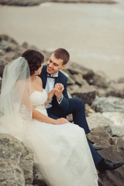 Güzel düğün çifti bir yürüyüşte suya yakın