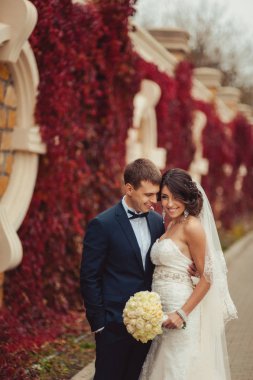 Evlilik çift kırmızı yaprakları ile bir duvarının yakınında bir yolda