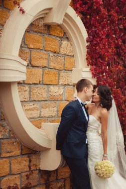 Evlilik çift kırmızı yaprakları ile bir duvarının yakınında bir yolda