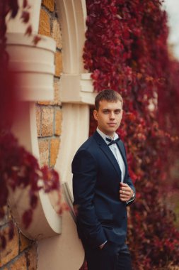 Kırmızı yaprakları ile bir duvarının yakınında bir yolda damat