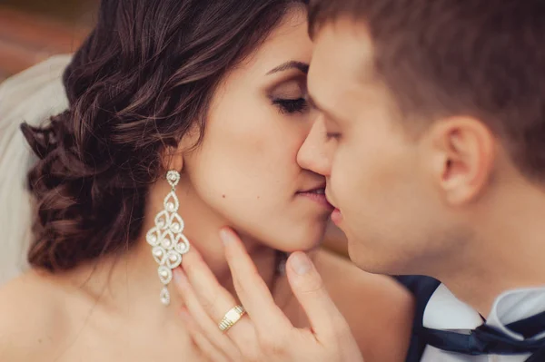 Beautiful and gentle kiss of the bride and groom — Stock Photo, Image