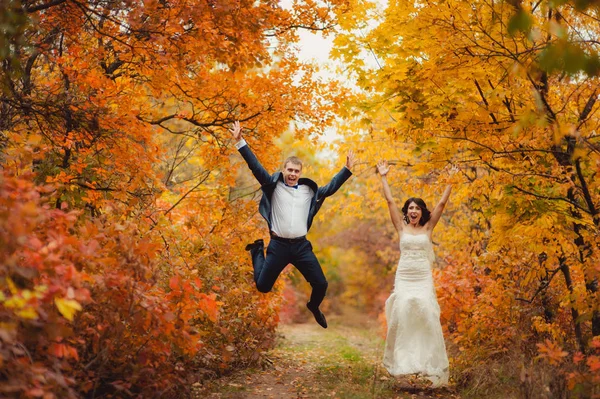 Casamento casal em um passeio no parque de outono — Fotografia de Stock