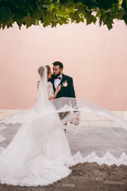 Güzel gelin ve damat çift düğünde yürüyüş