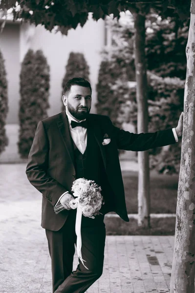 Damat Düğün gününde portresi yürümek — Stok fotoğraf