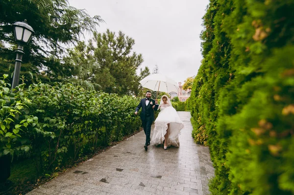 Beautiful bride and groom couple walking at the wedding — Stock Photo, Image