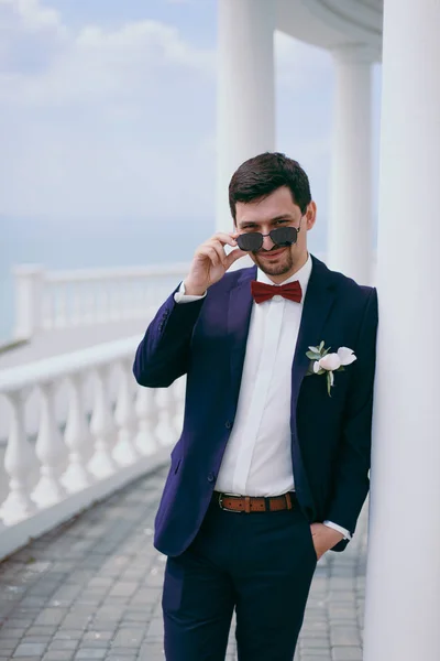 Retrato do noivo em uma caminhada de dia de casamento — Fotografia de Stock