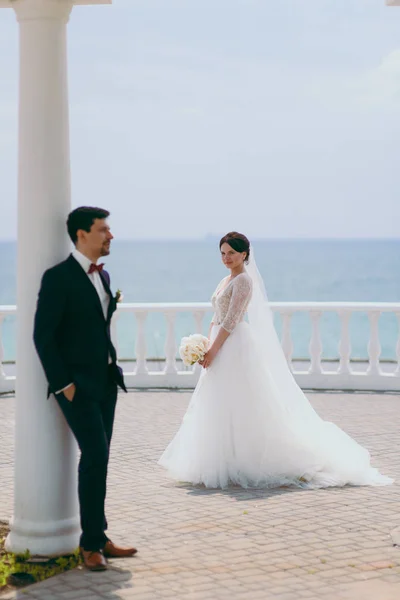 Hermosa novia y novio pareja caminando en la boda — Foto de Stock